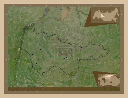 Téléchargez les photos : Khanty-Mansiy, autonomous province of Russia. Low resolution satellite map. Locations of major cities of the region. Corner auxiliary location maps - en image libre de droit