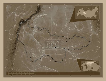 Photo for Khanty-Mansiy, autonomous province of Russia. Elevation map colored in sepia tones with lakes and rivers. Locations of major cities of the region. Corner auxiliary location maps - Royalty Free Image