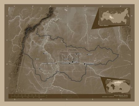Photo for Khanty-Mansiy, autonomous province of Russia. Elevation map colored in sepia tones with lakes and rivers. Locations and names of major cities of the region. Corner auxiliary location maps - Royalty Free Image