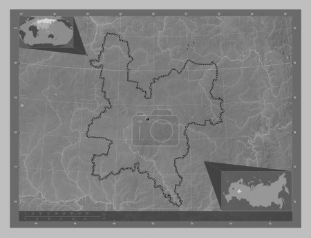 Téléchargez les photos : Kirov, region of Russia. Grayscale elevation map with lakes and rivers. Corner auxiliary location maps - en image libre de droit