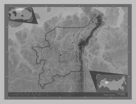 Photo for Komi, republic of Russia. Grayscale elevation map with lakes and rivers. Locations and names of major cities of the region. Corner auxiliary location maps - Royalty Free Image