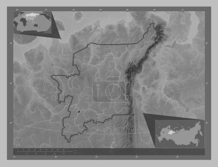 Téléchargez les photos : Komi, republic of Russia. Grayscale elevation map with lakes and rivers. Corner auxiliary location maps - en image libre de droit