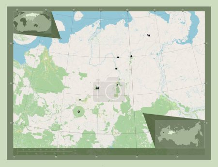 Téléchargez les photos : Komi, republic of Russia. Open Street Map. Locations of major cities of the region. Corner auxiliary location maps - en image libre de droit