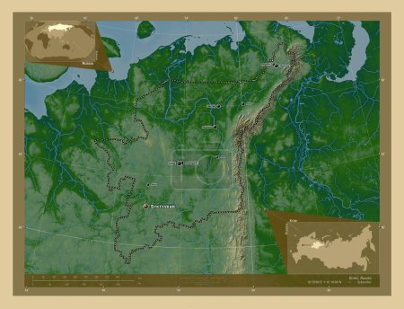 Foto de Komi, republic of Russia. Colored elevation map with lakes and rivers. Locations and names of major cities of the region. Corner auxiliary location maps - Imagen libre de derechos