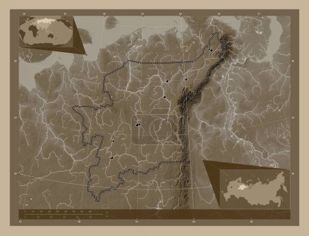Photo for Komi, republic of Russia. Elevation map colored in sepia tones with lakes and rivers. Locations of major cities of the region. Corner auxiliary location maps - Royalty Free Image