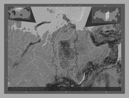 Photo for Krasnoyarsk, territory of Russia. Bilevel elevation map with lakes and rivers. Locations of major cities of the region. Corner auxiliary location maps - Royalty Free Image