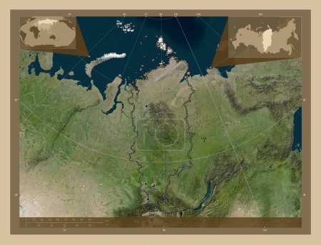 Téléchargez les photos : Krasnoyarsk, territory of Russia. Low resolution satellite map. Locations of major cities of the region. Corner auxiliary location maps - en image libre de droit