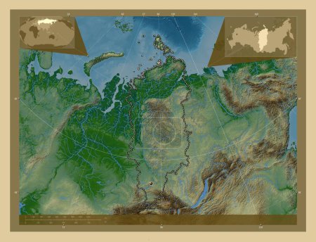 Téléchargez les photos : Krasnoyarsk, territory of Russia. Colored elevation map with lakes and rivers. Corner auxiliary location maps - en image libre de droit