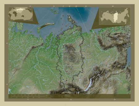 Téléchargez les photos : Krasnoyarsk, territory of Russia. Elevation map colored in wiki style with lakes and rivers. Locations of major cities of the region. Corner auxiliary location maps - en image libre de droit