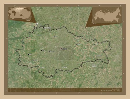 Foto de Kursk, region of Russia. Low resolution satellite map. Locations and names of major cities of the region. Corner auxiliary location maps - Imagen libre de derechos