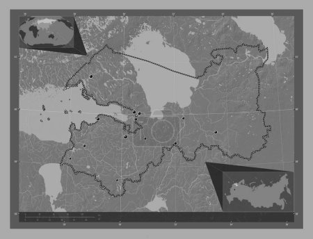 Foto de Leningrad, region of Russia. Bilevel elevation map with lakes and rivers. Locations of major cities of the region. Corner auxiliary location maps - Imagen libre de derechos