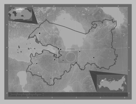 Téléchargez les photos : Leningrad, region of Russia. Grayscale elevation map with lakes and rivers. Locations of major cities of the region. Corner auxiliary location maps - en image libre de droit
