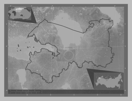 Téléchargez les photos : Leningrad, region of Russia. Grayscale elevation map with lakes and rivers. Corner auxiliary location maps - en image libre de droit