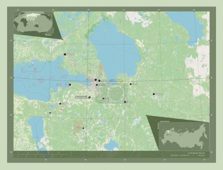 Foto de Leningrad, region of Russia. Open Street Map. Locations and names of major cities of the region. Corner auxiliary location maps - Imagen libre de derechos