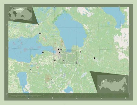 Téléchargez les photos : Leningrad, region of Russia. Open Street Map. Locations of major cities of the region. Corner auxiliary location maps - en image libre de droit