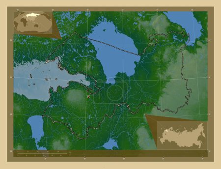 Téléchargez les photos : Leningrad, region of Russia. Colored elevation map with lakes and rivers. Corner auxiliary location maps - en image libre de droit