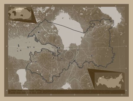 Foto de Leningrad, region of Russia. Elevation map colored in sepia tones with lakes and rivers. Locations of major cities of the region. Corner auxiliary location maps - Imagen libre de derechos