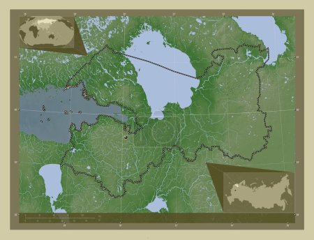 Téléchargez les photos : Leningrad, region of Russia. Elevation map colored in wiki style with lakes and rivers. Corner auxiliary location maps - en image libre de droit
