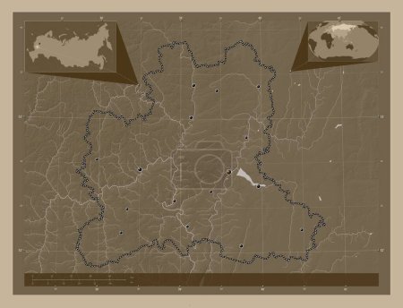 Photo for Lipetsk, region of Russia. Elevation map colored in sepia tones with lakes and rivers. Locations of major cities of the region. Corner auxiliary location maps - Royalty Free Image