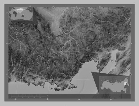 Photo for Maga Buryatdan, region of Russia. Grayscale elevation map with lakes and rivers. Locations of major cities of the region. Corner auxiliary location maps - Royalty Free Image