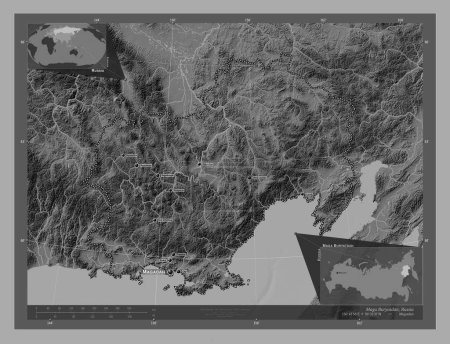 Photo for Maga Buryatdan, region of Russia. Bilevel elevation map with lakes and rivers. Locations and names of major cities of the region. Corner auxiliary location maps - Royalty Free Image