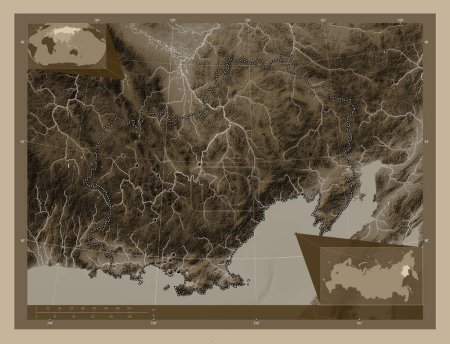 Photo for Maga Buryatdan, region of Russia. Elevation map colored in sepia tones with lakes and rivers. Locations of major cities of the region. Corner auxiliary location maps - Royalty Free Image
