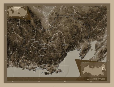 Photo for Maga Buryatdan, region of Russia. Elevation map colored in sepia tones with lakes and rivers. Locations and names of major cities of the region. Corner auxiliary location maps - Royalty Free Image