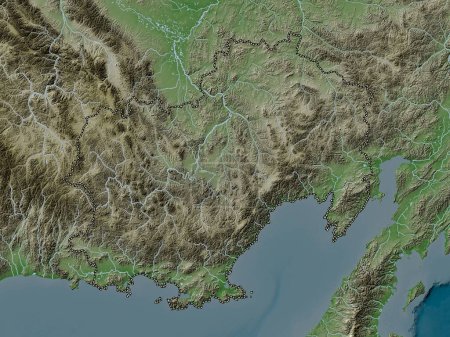 Photo for Maga Buryatdan, region of Russia. Elevation map colored in wiki style with lakes and rivers - Royalty Free Image