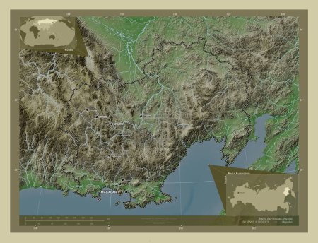Photo for Maga Buryatdan, region of Russia. Elevation map colored in wiki style with lakes and rivers. Locations and names of major cities of the region. Corner auxiliary location maps - Royalty Free Image