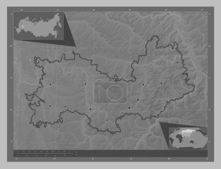 Photo for Mordovia, republic of Russia. Grayscale elevation map with lakes and rivers. Locations of major cities of the region. Corner auxiliary location maps - Royalty Free Image