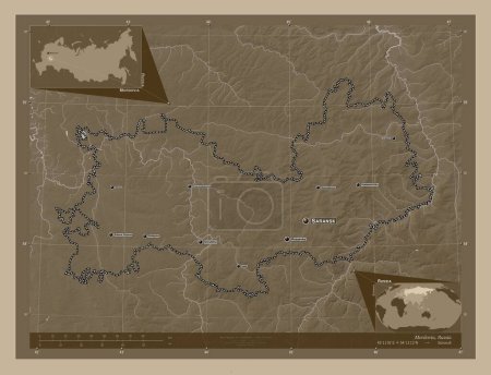 Photo for Mordovia, republic of Russia. Elevation map colored in sepia tones with lakes and rivers. Locations and names of major cities of the region. Corner auxiliary location maps - Royalty Free Image