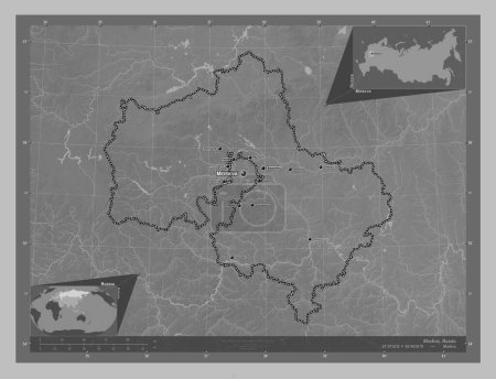 Photo for Moskva, region of Russia. Grayscale elevation map with lakes and rivers. Locations and names of major cities of the region. Corner auxiliary location maps - Royalty Free Image