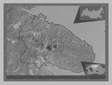 Téléchargez les photos : Murmansk, region of Russia. Grayscale elevation map with lakes and rivers. Corner auxiliary location maps - en image libre de droit