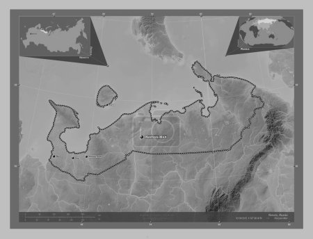 Photo for Nenets, autonomous province of Russia. Grayscale elevation map with lakes and rivers. Locations and names of major cities of the region. Corner auxiliary location maps - Royalty Free Image
