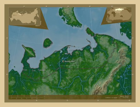 Photo for Nenets, autonomous province of Russia. Colored elevation map with lakes and rivers. Locations and names of major cities of the region. Corner auxiliary location maps - Royalty Free Image