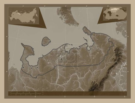 Photo for Nenets, autonomous province of Russia. Elevation map colored in sepia tones with lakes and rivers. Locations of major cities of the region. Corner auxiliary location maps - Royalty Free Image