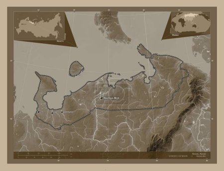 Photo for Nenets, autonomous province of Russia. Elevation map colored in sepia tones with lakes and rivers. Locations and names of major cities of the region. Corner auxiliary location maps - Royalty Free Image