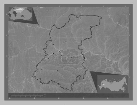 Téléchargez les photos : Nizhegorod, region of Russia. Grayscale elevation map with lakes and rivers. Locations of major cities of the region. Corner auxiliary location maps - en image libre de droit