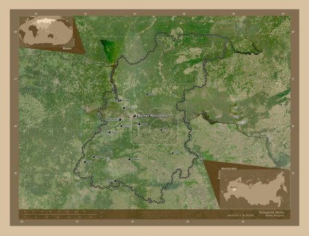 Foto de Nizhegorod, region of Russia. Low resolution satellite map. Locations and names of major cities of the region. Corner auxiliary location maps - Imagen libre de derechos