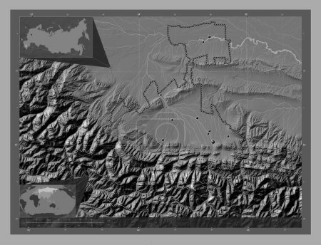 Photo for North Ossetia, republic of Russia. Bilevel elevation map with lakes and rivers. Locations of major cities of the region. Corner auxiliary location maps - Royalty Free Image