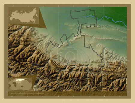 Foto de North Ossetia, republic of Russia. Colored elevation map with lakes and rivers. Corner auxiliary location maps - Imagen libre de derechos