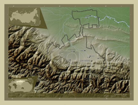 Foto de North Ossetia, republic of Russia. Elevation map colored in wiki style with lakes and rivers. Locations and names of major cities of the region. Corner auxiliary location maps - Imagen libre de derechos