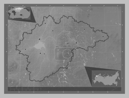 Photo for Novgorod, region of Russia. Grayscale elevation map with lakes and rivers. Locations of major cities of the region. Corner auxiliary location maps - Royalty Free Image