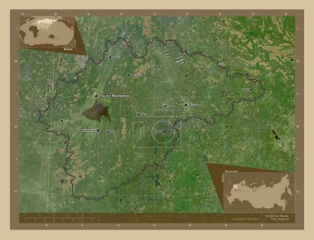 Foto de Novgorod, region of Russia. Low resolution satellite map. Locations and names of major cities of the region. Corner auxiliary location maps - Imagen libre de derechos