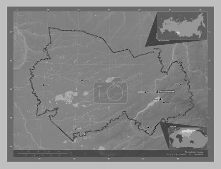 Photo for Novosibirsk, region of Russia. Grayscale elevation map with lakes and rivers. Locations and names of major cities of the region. Corner auxiliary location maps - Royalty Free Image