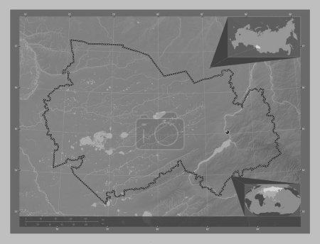 Photo for Novosibirsk, region of Russia. Grayscale elevation map with lakes and rivers. Corner auxiliary location maps - Royalty Free Image