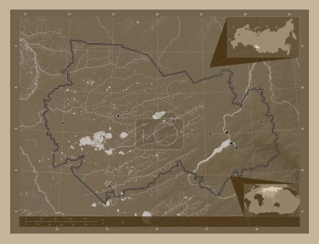 Photo for Novosibirsk, region of Russia. Elevation map colored in sepia tones with lakes and rivers. Locations of major cities of the region. Corner auxiliary location maps - Royalty Free Image