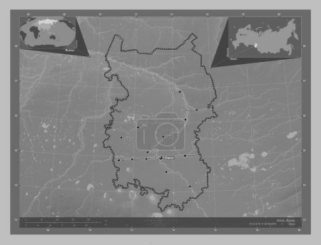 Photo for Omsk, region of Russia. Grayscale elevation map with lakes and rivers. Locations and names of major cities of the region. Corner auxiliary location maps - Royalty Free Image