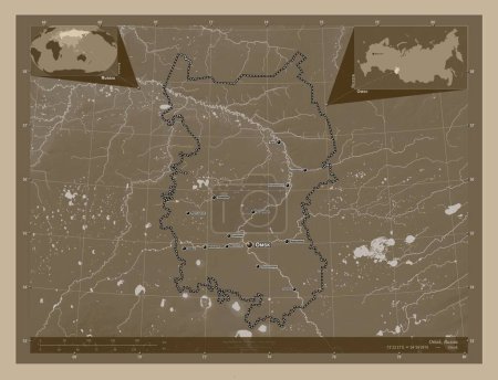 Photo for Omsk, region of Russia. Elevation map colored in sepia tones with lakes and rivers. Locations and names of major cities of the region. Corner auxiliary location maps - Royalty Free Image
