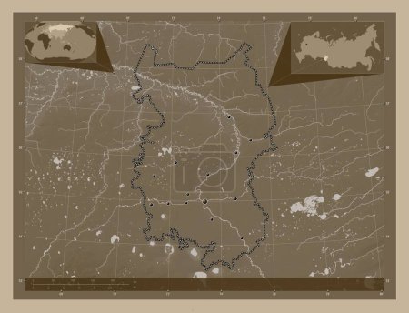 Photo for Omsk, region of Russia. Elevation map colored in sepia tones with lakes and rivers. Locations of major cities of the region. Corner auxiliary location maps - Royalty Free Image